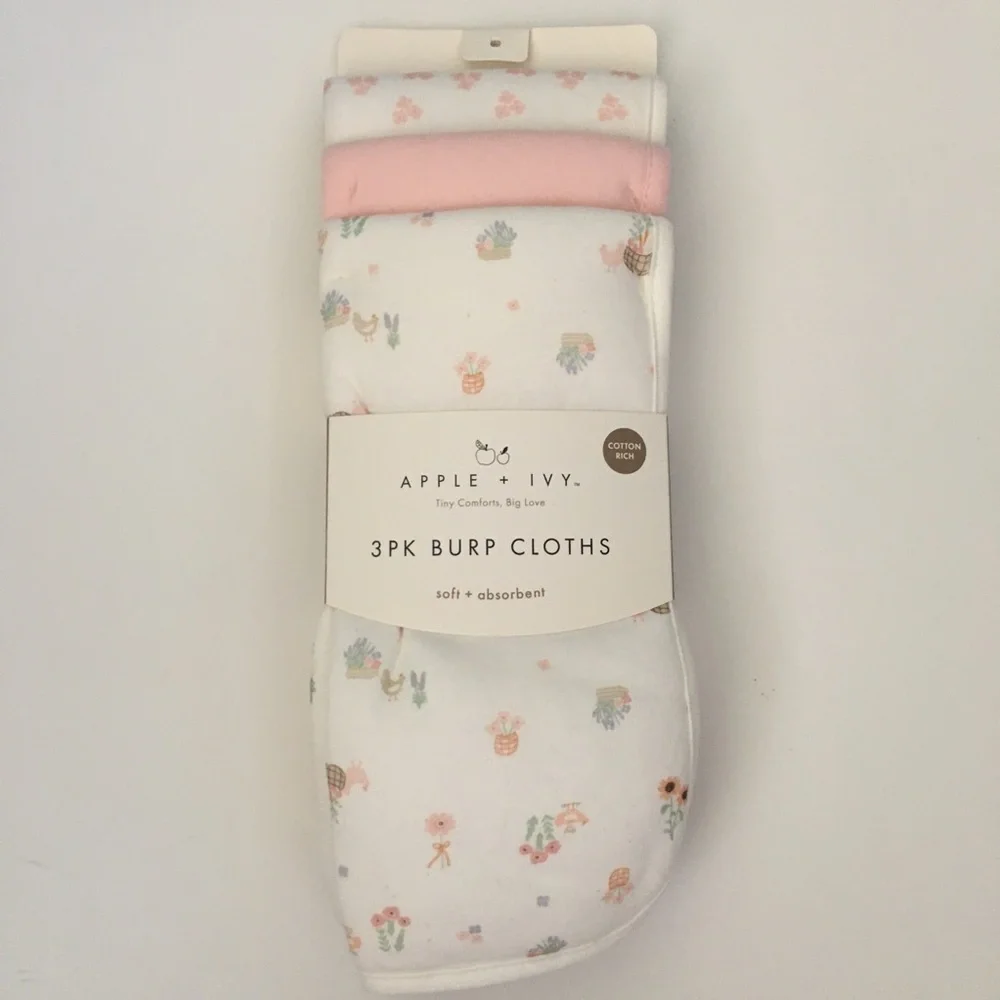 Baby Burp Cloths Cotton Front 3pk Pink Floral NEW | DreamGro Apple + Ivy